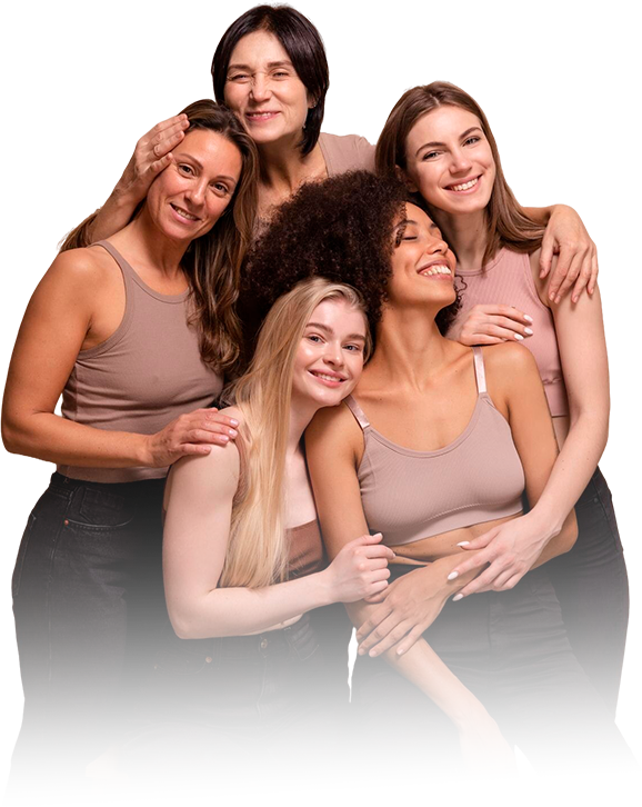 Group of six women smiling and hugging each other, wearing beige tank tops